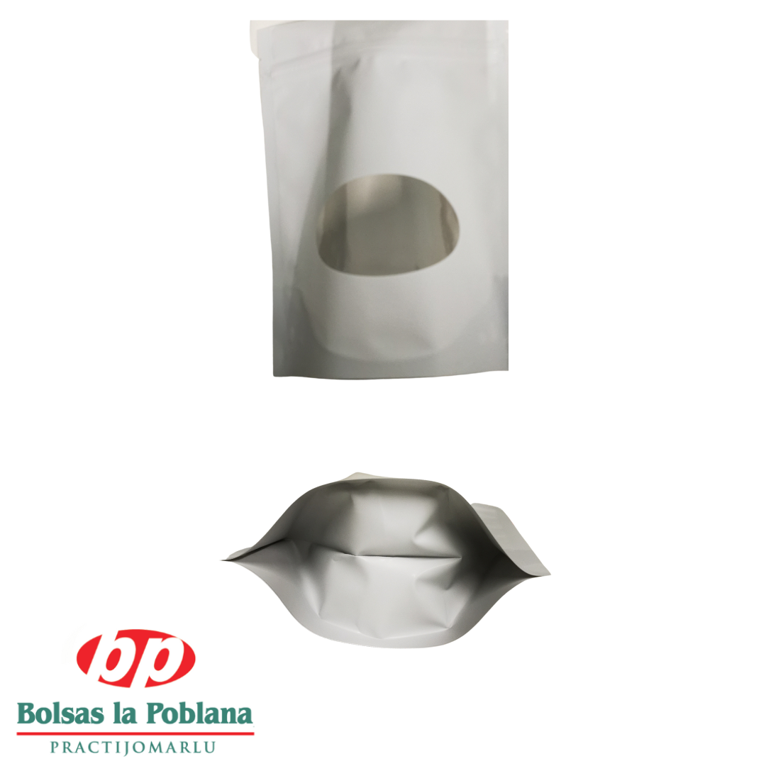 Stand Up Pouch 100 Bolsas blanca con ventana Cierre 14x16 250gr