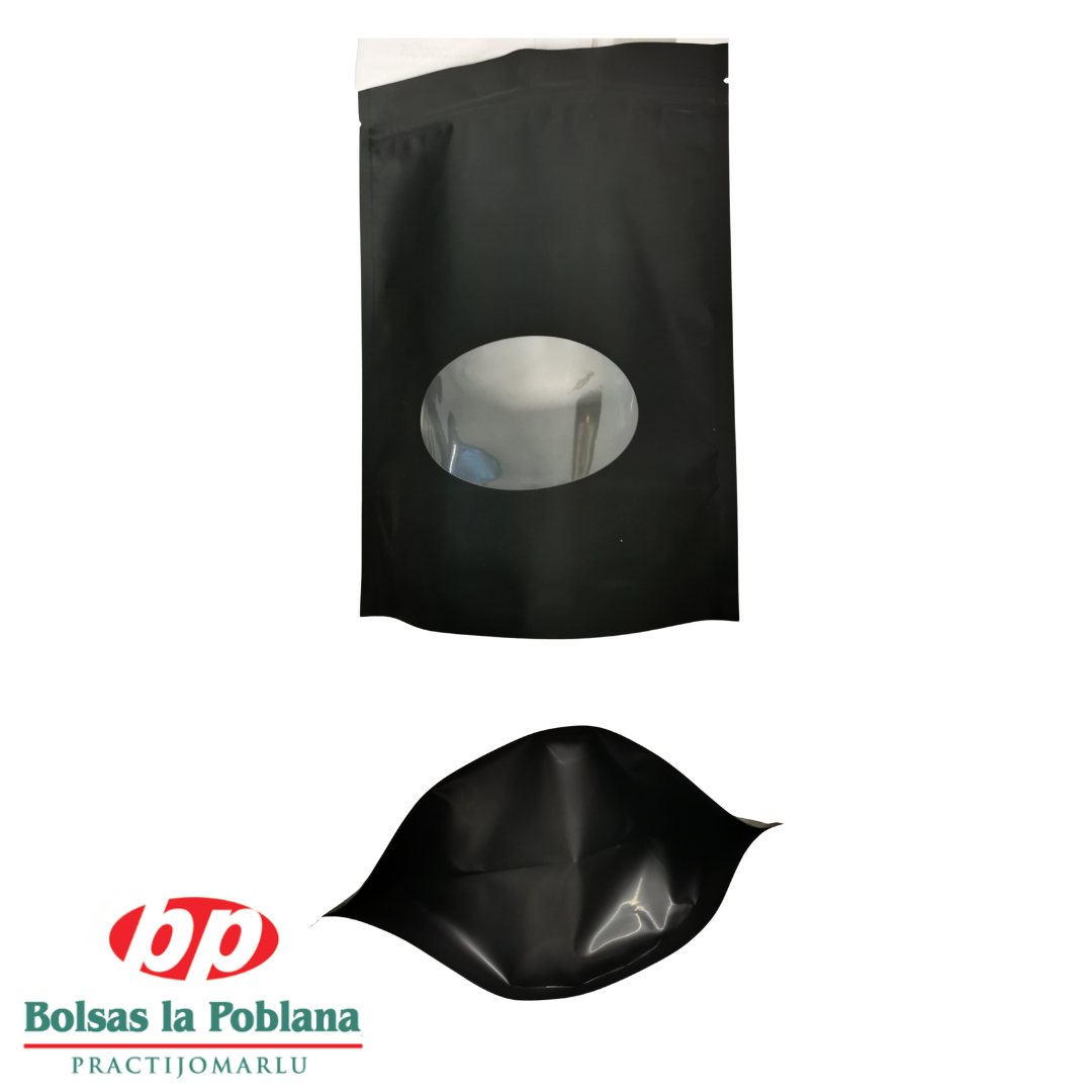 Stand Up Pouch 100 Bolsas negra con ventana Cierre 18x21 500gr