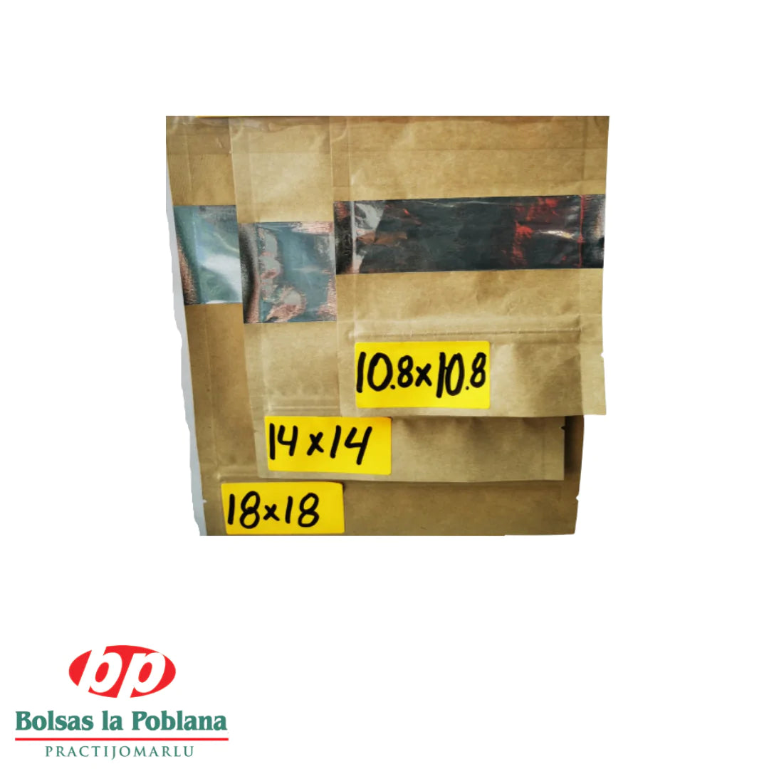 Stand Up Pouch 100 Bolsas Kraft con ventana Trilaminado 14 x 14 250gr