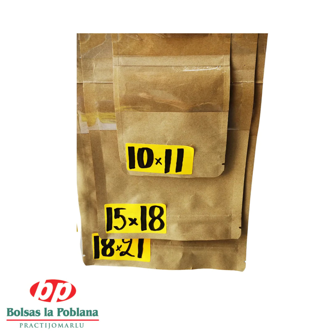 Stand Up Pouch 50 Bolsas Kraft con ventana 15x18.5 250gr