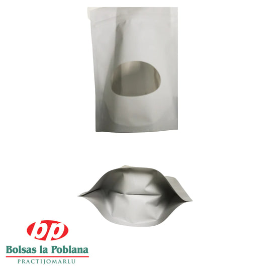 Stand Up Pouch 100 Bolsas blanca con ventana Cierre 18x21 500gr