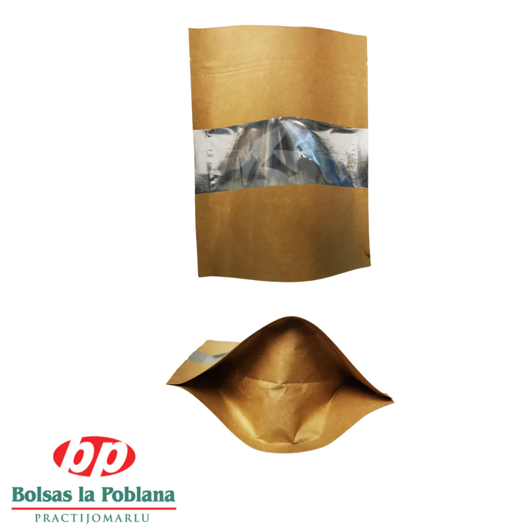 Stand Up Pouch 100 Bolsas Kraft con ventana Trilaminado 14 x 14 250gr